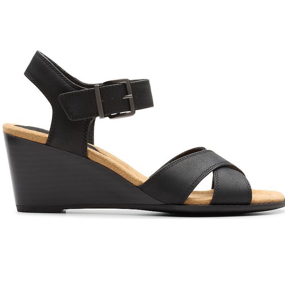 Clarks Women’s Emmalae Iris Black Wedge Sandals with Crisscross Straps (NWB)